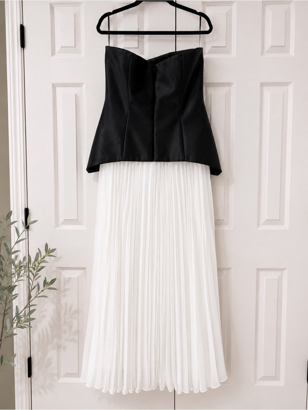 Strapless Black Bodice with White Pleated Skirt Dress